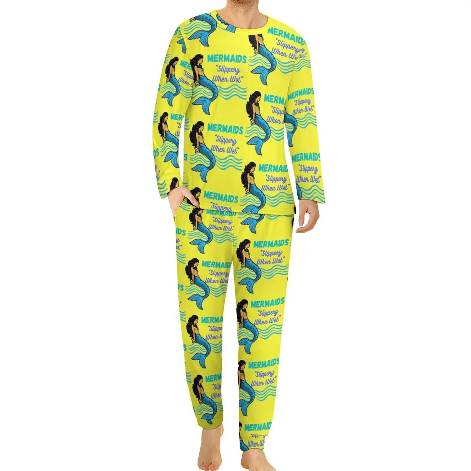 

Mermaids Pajamas Autumn 2 Pieces Slippery When Wet Kawaii Pajamas Set Men Long Sleeve Night Design Home Suit Big Size