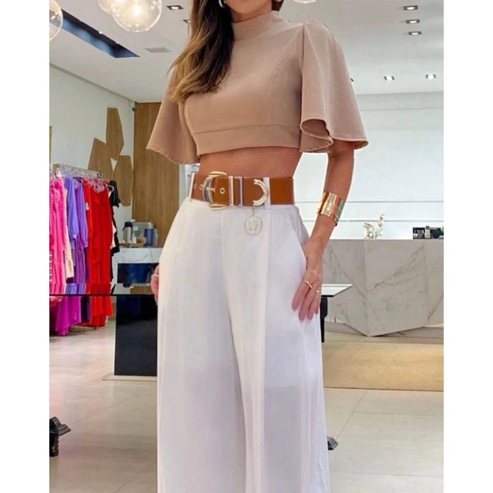 Women Summer Fashion O-neck Flying Sleeve Cisscross Backless Short Top & Wide Leg Pant Sets Casual Two Pieces Set Hip Hop Sets