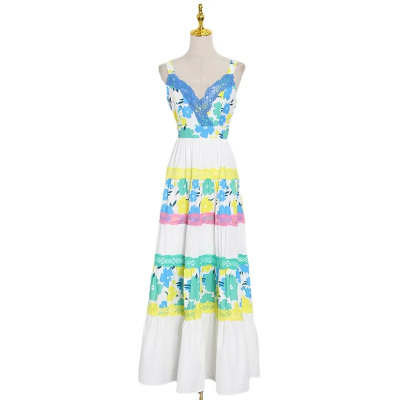 

Beach Style Women's Clothing 2022 Summer Fashion Printing Stitching High Waist A-line Maxi Long Dress Spaghetti Strap Sleeveless