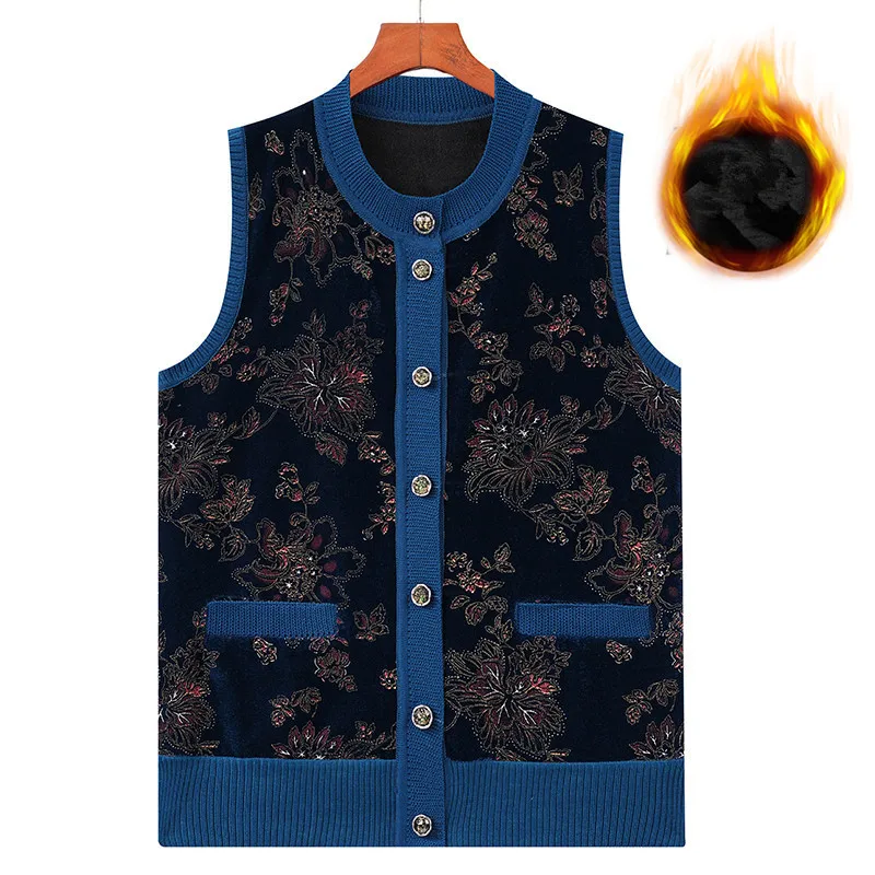 

Warm Thicken Middle Aged Mother Waistcoat Knitted Cardigan Grandma's Sweater Vest Plus Velvet Vintage Printed Vests Jacket
