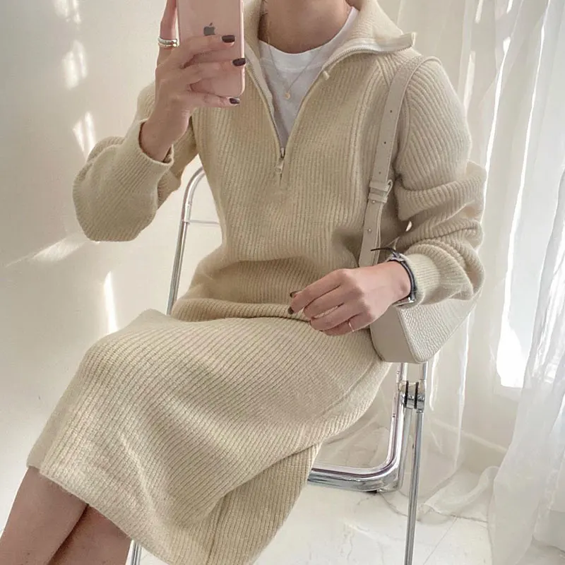 

Korean Fashion Knitted Dress Woman Half Open Turn Down Collar Zipper Loose Solid Color Long Sleeve Dresses Female Dropshipping