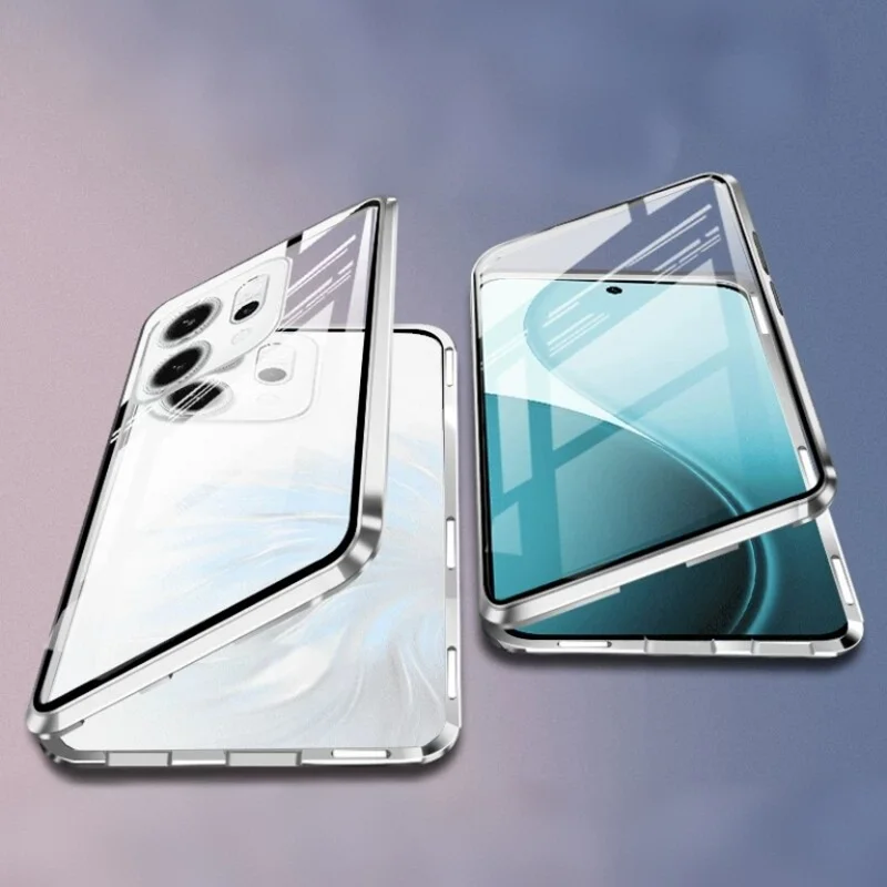 Фото Металлический магнитный чехол для телефона OPPO Reno 11 13A 12 14 FS 10 15 Pro Max 5G с двусторонним закаленным стеклом и защитой объектива №1