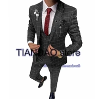 check mens suit 3 piece wedding groom tuxedo formal jacket set slim fit blazer pants vest male complete outfit