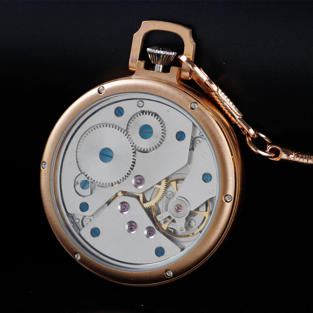 Fashion Rose Gold Simple Wind Mechanical Manual Pocket Watch Roman Digital Skull Dial Pendant Automatic Antique Clock enlarge