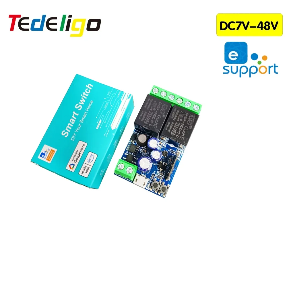 

EWelink WiFi Smart Relay Switch DC 12V 24V 48V Модуль 2-канальный 2,4 ГГц Пульт дистанционного управления Работа с голосовым управлением Alexa Googole Home