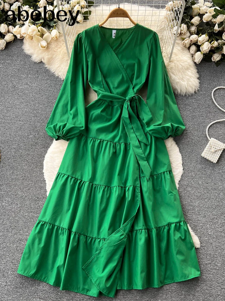 

Женское винтажное длинное платье на завязках, зеленое элегантное платье макси с V-образным вырезом, рукавами-фонариками и высокой талией, осень 2022