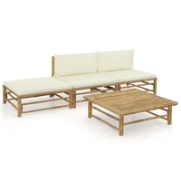 4 Piece Patio Lounge Set with Cream White Cushions Bamboo Outdoor Table and Chair Sets Outdoor Furniture Sets