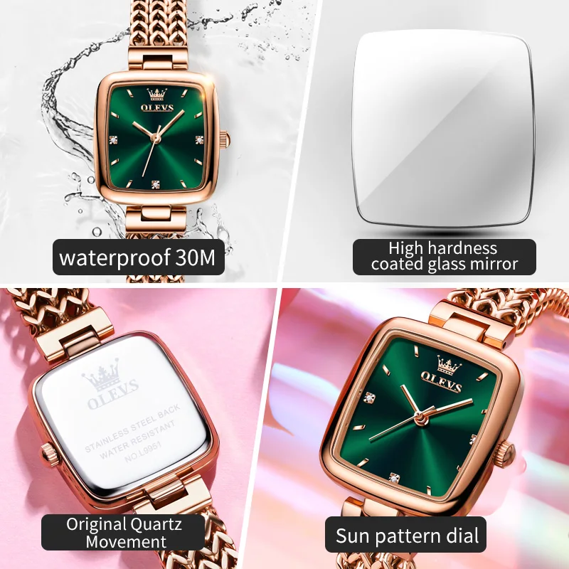 OLEVS Original Watch for Women with Bracelet Waterproof Square Rose Gold Colur Stainless Steel Elegant Quartz Ladies Watches