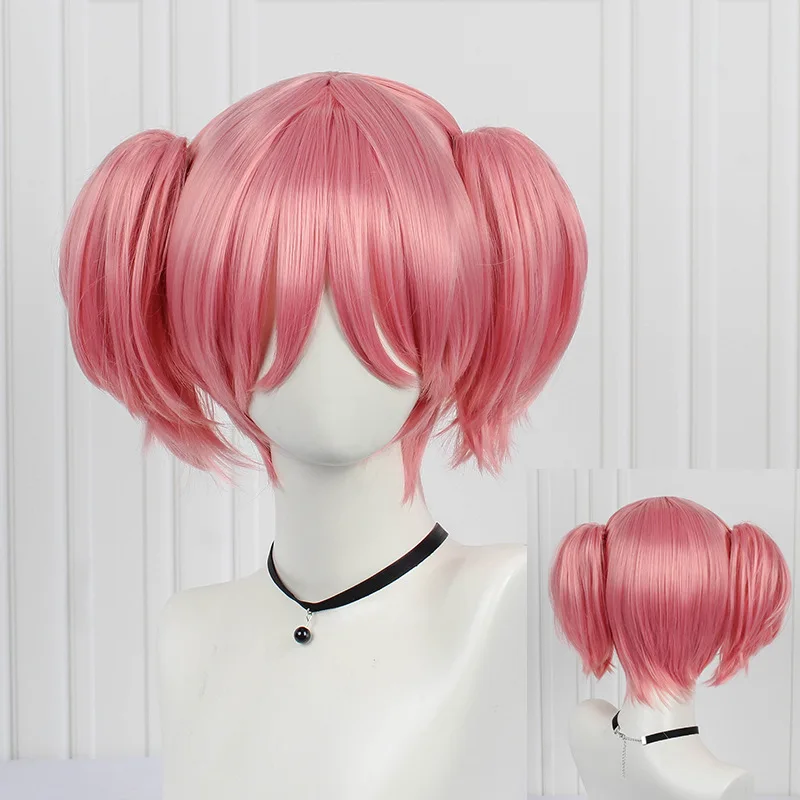 

Puella Magi Madoka Magica Madoka Kaname Cosplay Wigs Pink Short 2 Clip Ponytails Heat Resistant Synthetic Hair Wig + Wig Cap