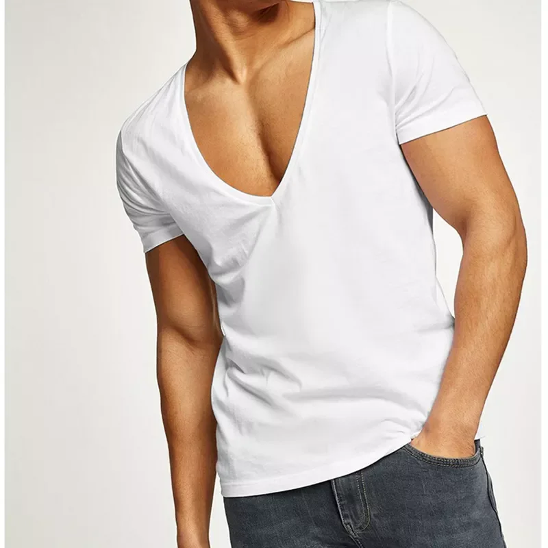 

NEW2023 Men's T Shirt Summer Sexy Zipper Tee Casual Short Plain T Shirts Deep V-neck Sport Cotton Tees White Men Tops Short