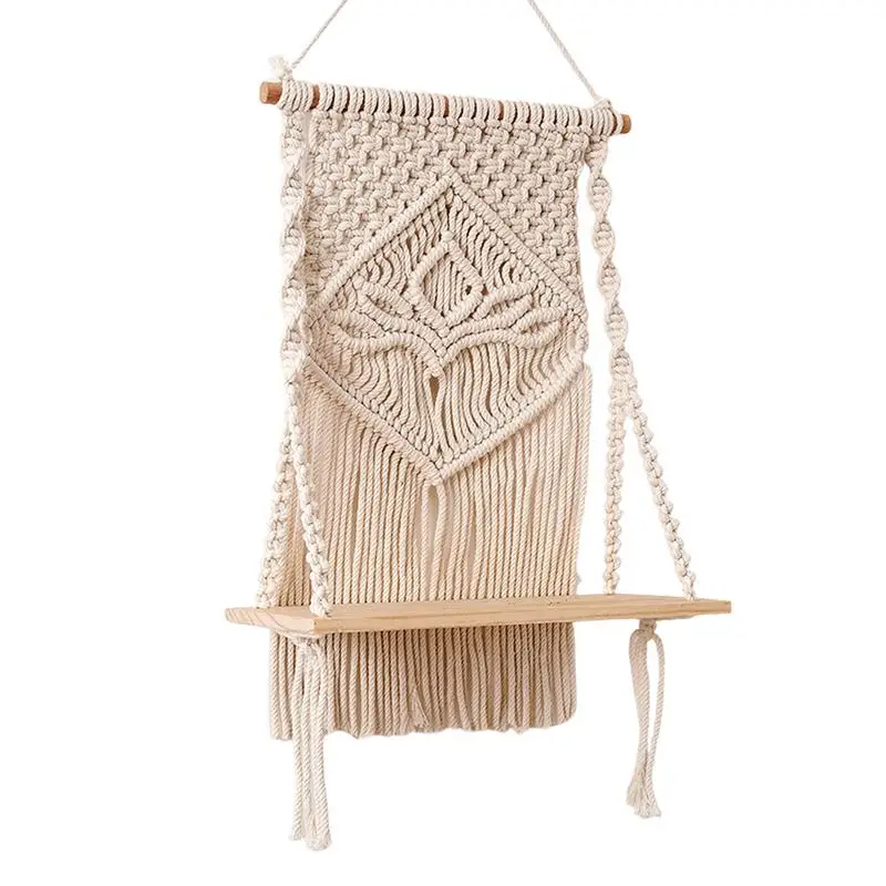 

Macrame Wall Hung Plant Shelf Rustic Bathroom Shelf Wood Floating Boho Decor White Boho Shelves Organizer Handmade Woven Rope