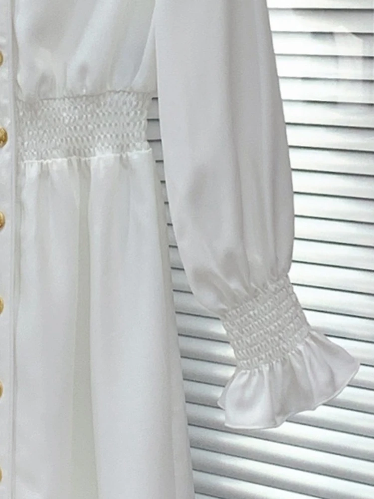 

2022 New V-neck Flared Sleeve Dress Gold Buttons Solid Color Women Mini Dress