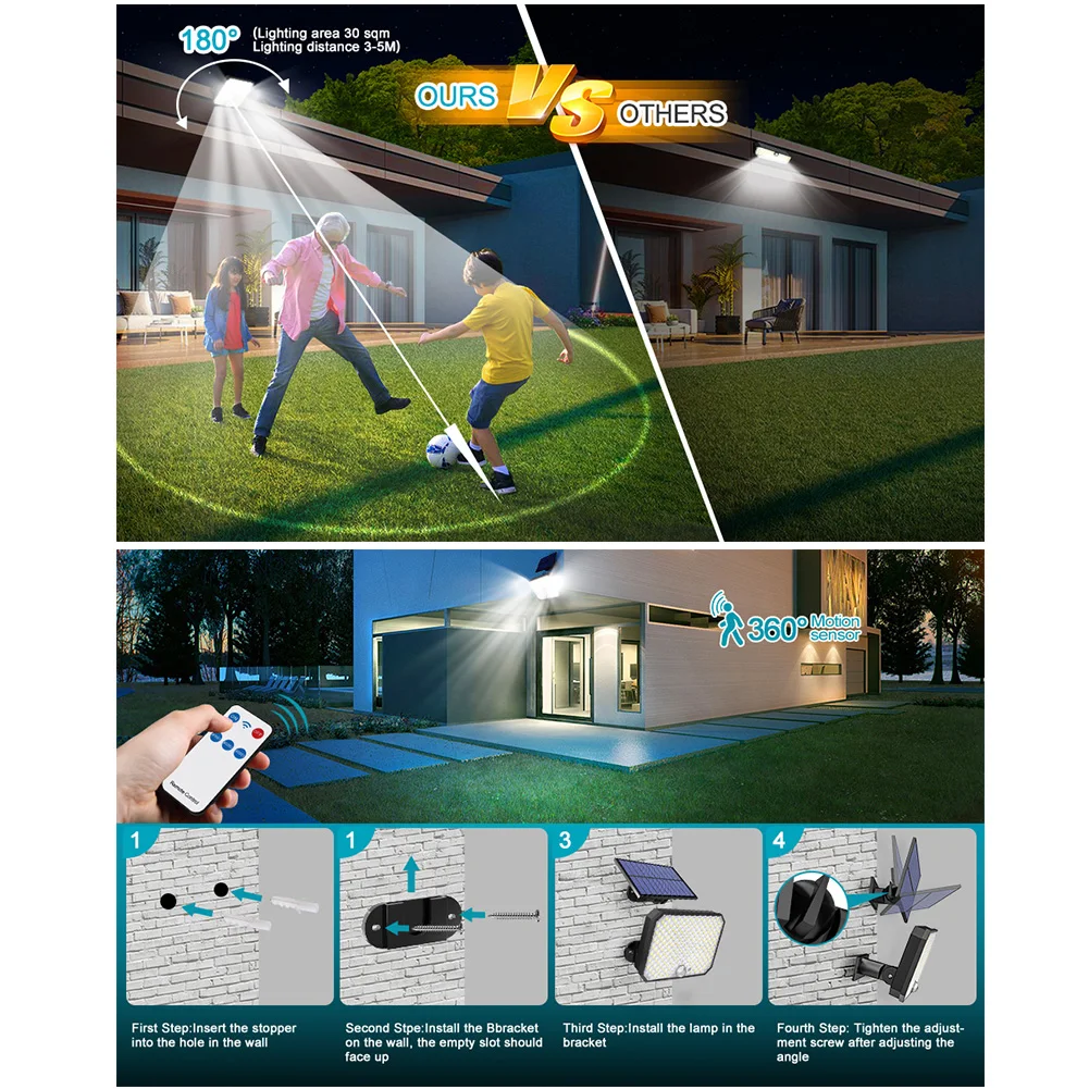 

190LED Outdoor Wall Lights Waterproof Solar Outdoor Sunlight Lamp Sensory Switch Easy Installation Adjustable for Courtyard Park