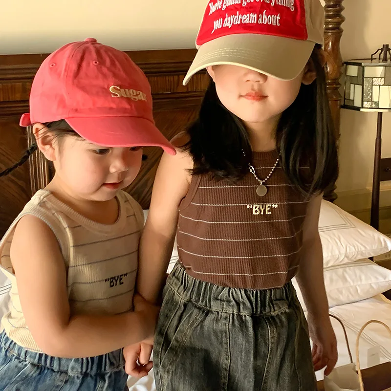 

2023 Summer New Children Striped Vest Fashion Letter Print Girls Sleeveless T Shirts Kids Casual Tops Cotton Baby Tee Clothes