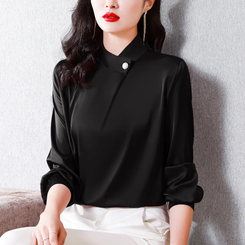 

Solid Color Satin Pullover Shirt for Women 2022 Spring Fall Long Sleeve Stand Collar Casual Loose Elegant Chic Tops Blouse 1323
