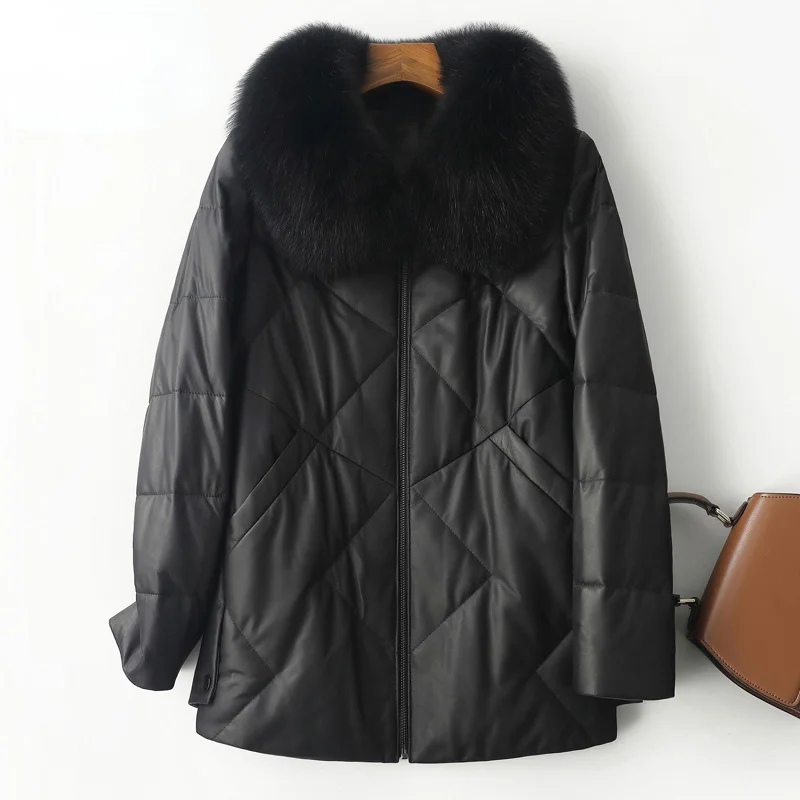 

Leather Jacket Women Sheepskin Genuine Fox Fur Collar Winter Leather Down Jacket Women's Warm Coats Jaqueta Feminina Lq