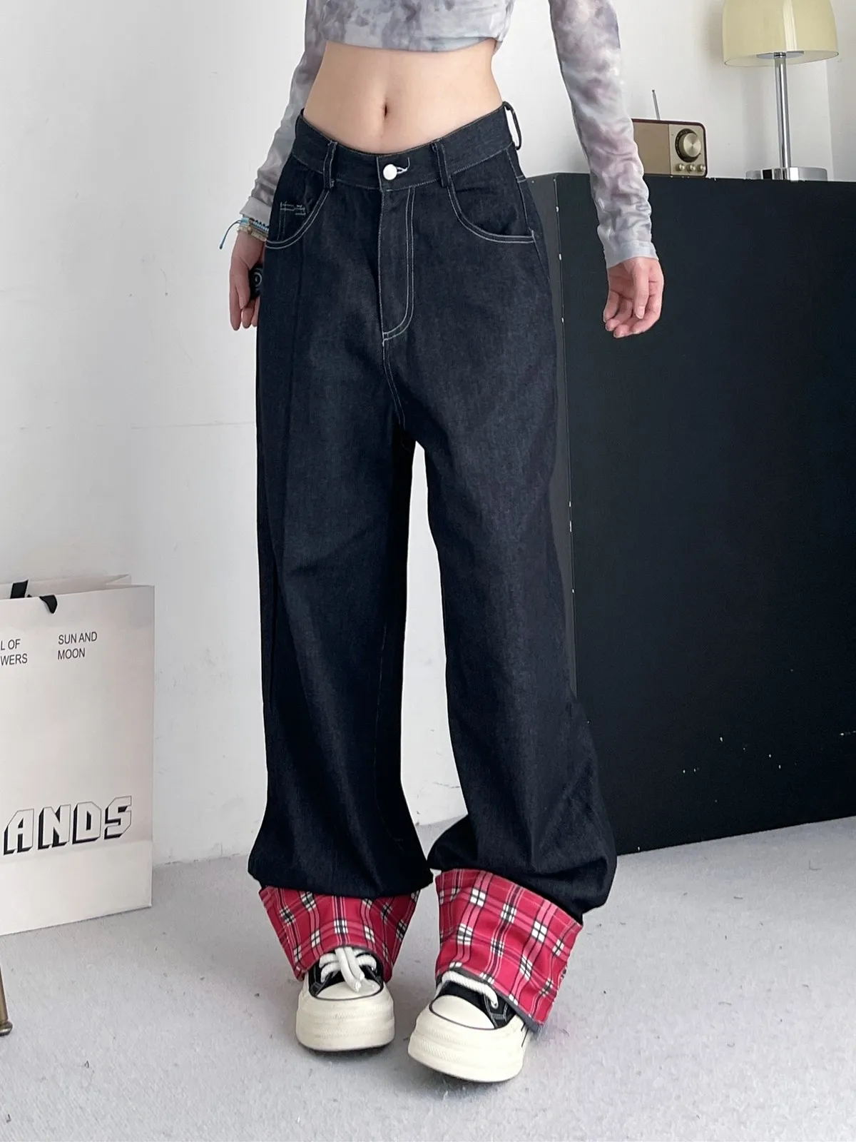 ZHISILAO Новые лоскутные клетчатые широкие джинсы женские винтажные прямые