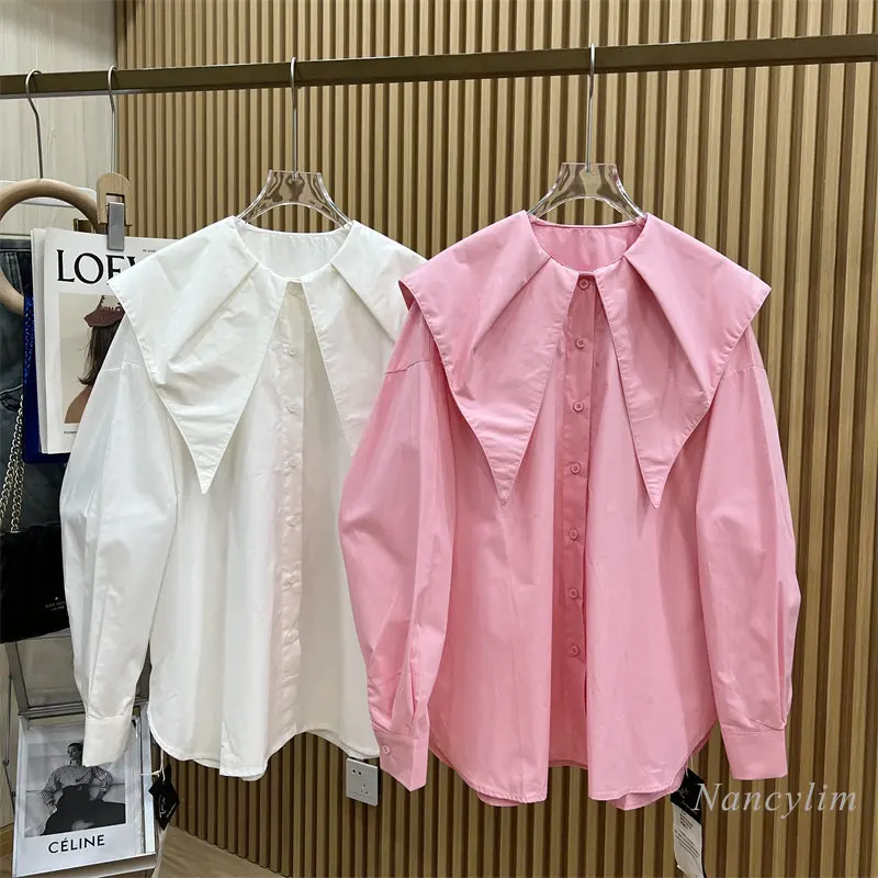 

Spring Fall Personalized Pleated Large Lapel Sailor Collar Long Sleeve Pink Shirt Women Loose Oversized Blouse 2023