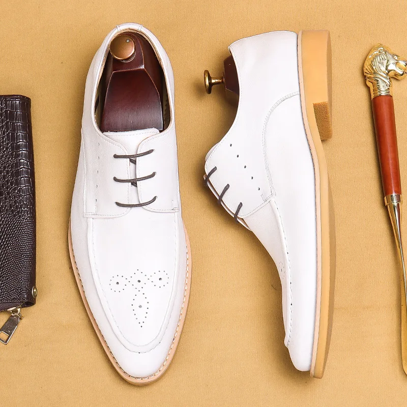 

New Pointed Toe Man Wedding Banquet Shoes Genuine Leather Formal Dress Oxfords High Quality Lace Up Men's White Party Shoe