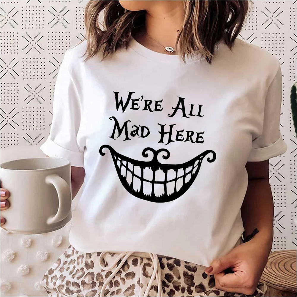 

Disney Cheshire Cat Print Harajuku T-shirt Hipster Personality Streetwear Women Clothing Basic White O-neck Tops Free Shipping