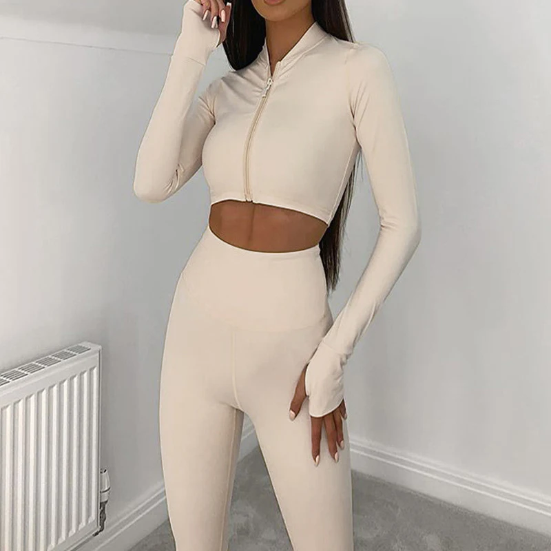

Stretchy Sporty 2022 Outfits Workout Long Sleeve Hooded Zipper Hoodies Leggings Matching Set Autumn Two Piece Sets Women G2497