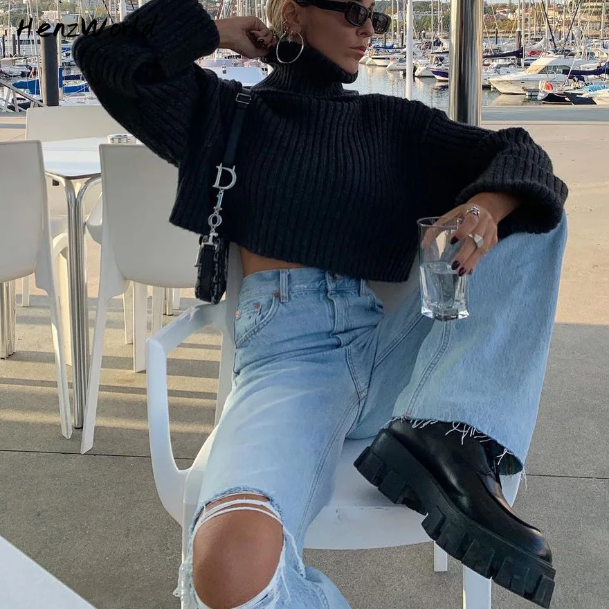 

HenzWorld Fashion Denim Ripped Distressed Jeans Woman High Waist Flare Pants Bottom Streetwear Trousers Pants Jeans Ladies