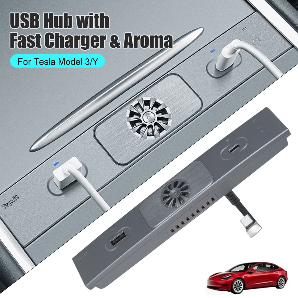 

For Tesla Model 3 Model Y USB Hub With 27W Fast Charger Aroma Diffuser 3 In 1 Center Console USB Docking Station With LED Light