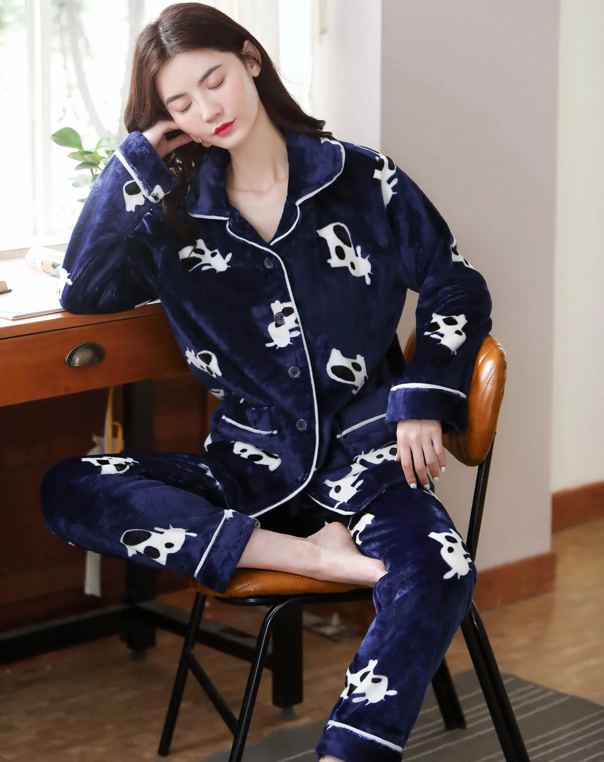 Flannel Pajamas Set Autumn Winter Thicken Birds Cartoon Women Long Sleeve Sleepwear Female Homewear Pyjama