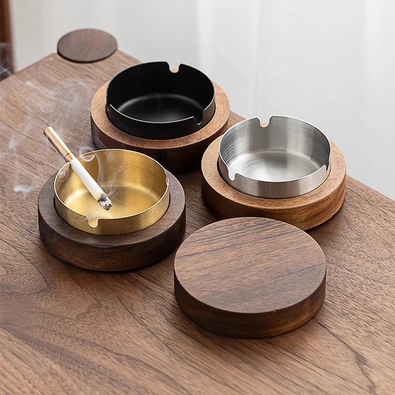 

Walnut Wood Creative Ashtrays With Lid Windproof Desktop Ashtray Stainless Steel Ash Tray for Smoking Office Home Decoration