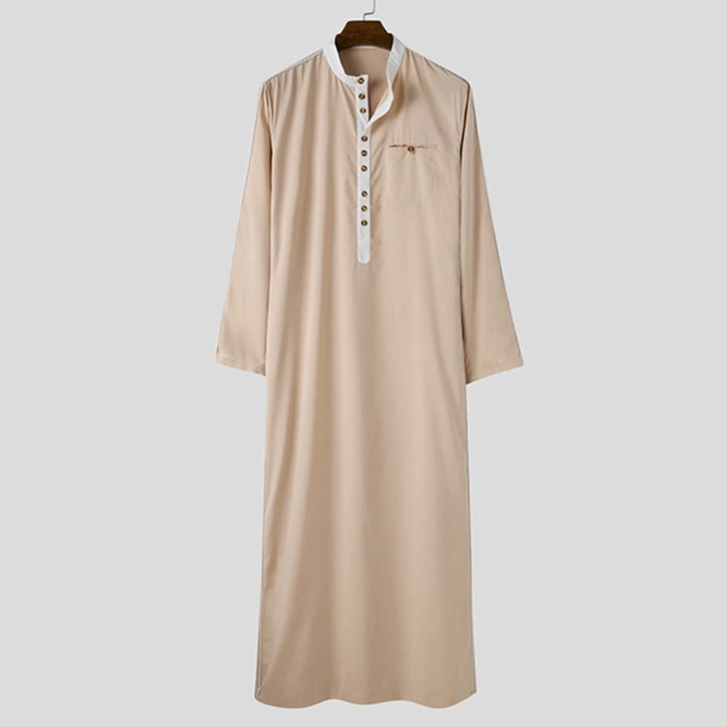 Skin-friendly Muslim Clothing Traditional Eid Middle East Jubba Thobe White Yellow Men Robe Long Sleeve Leisure Clothing