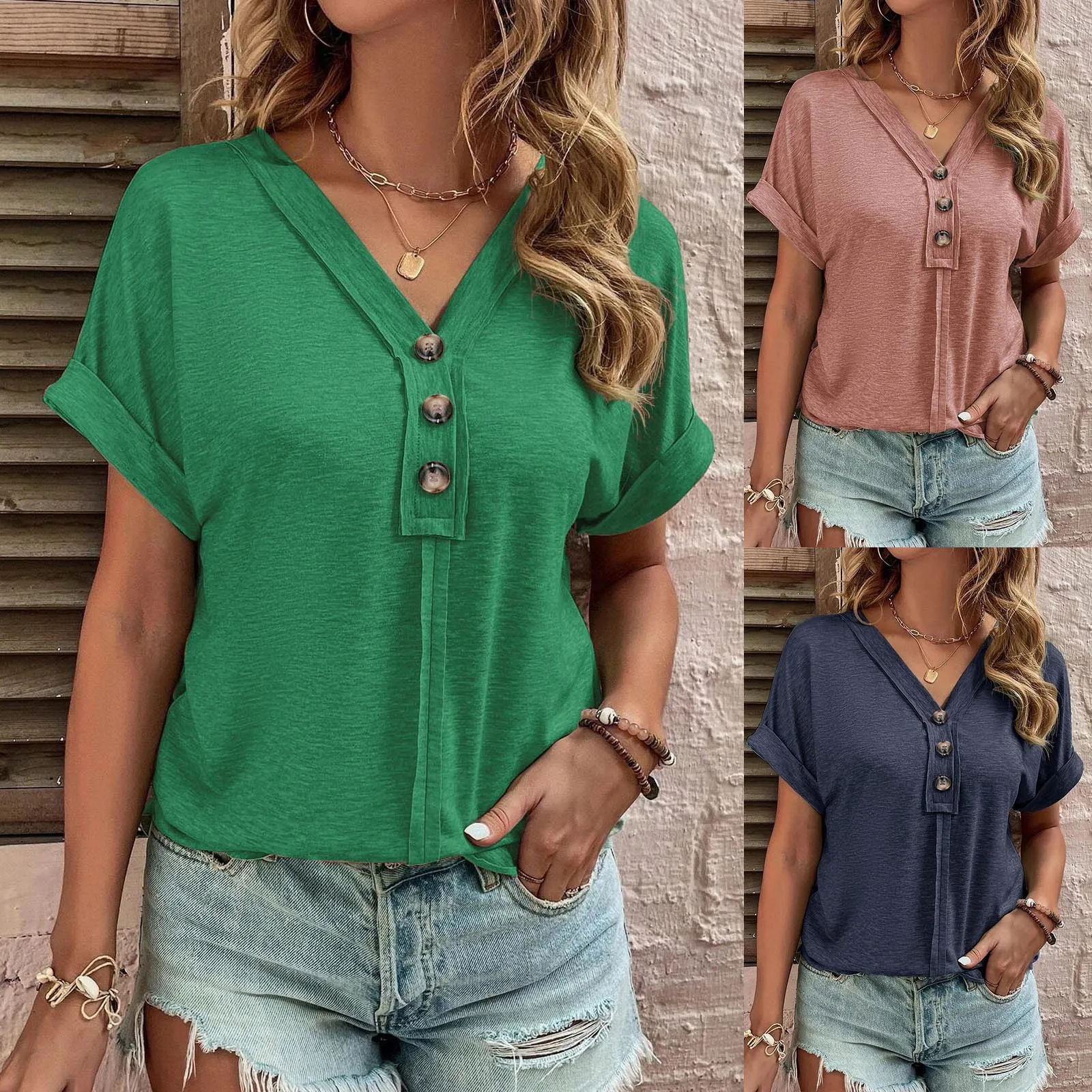 

V Neck Button Women Tee Shirt Summer Solid Color Rolled Sleeve Tops Casual Tunic Blouse Basics Plus Size Daily Top Blusa Camisa