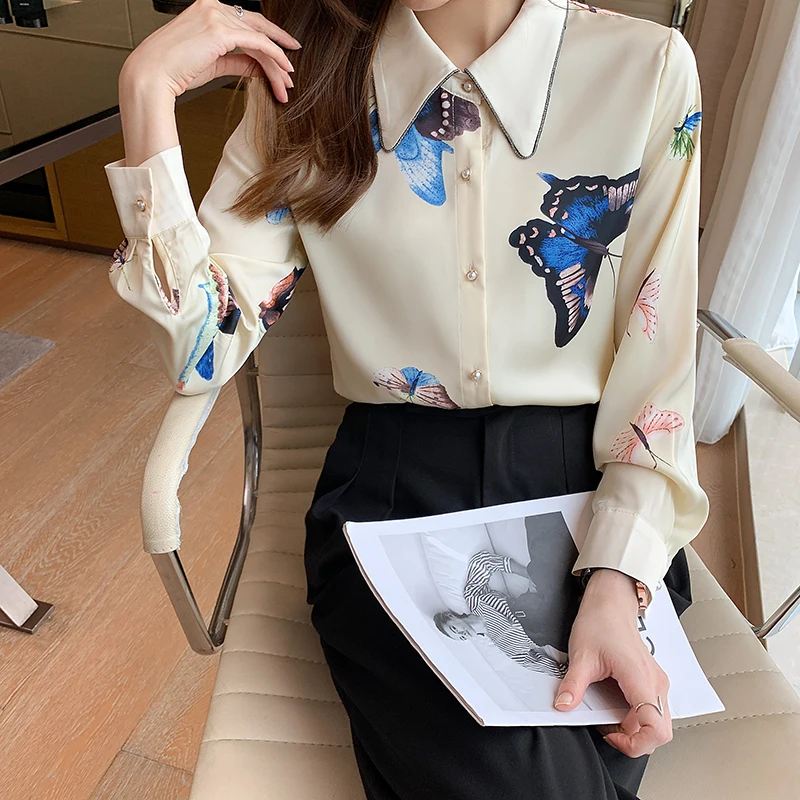 

Женская шифоновая блузка-поло с длинным рукавом и принтом