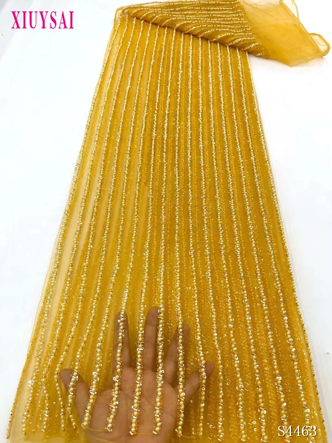 

Yellow African Lace Fabric 2022 High Quality French Mesh beads Lace Fabric Sequins Nigerian Lace Fabrics For Wedding dress