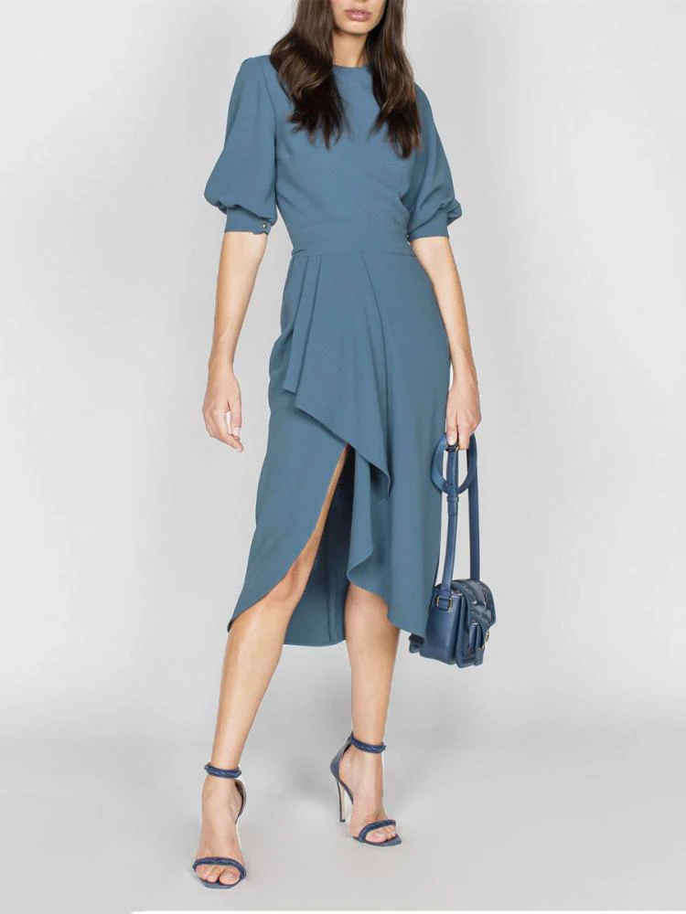 

European 2022 Summer irregularity Dress Women New Design Blue Puff Sleeve High Quality Fashion Elegant Slim Party Dresses