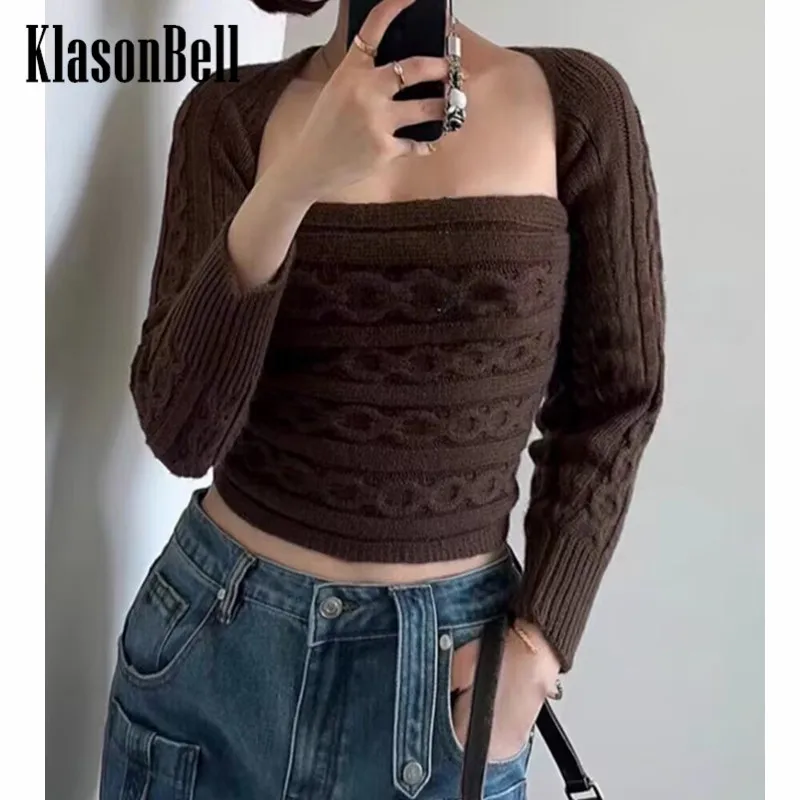 

10.17 KlasonBell Fashion Streetwear Twist Flower Square Collar Criss-Cross Slim Short Sweater Knitwear Women's