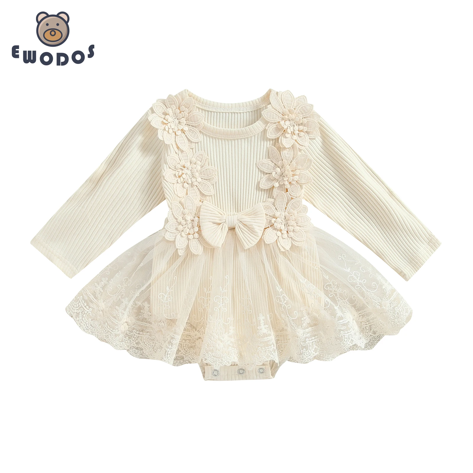 

EWODOS 0-18M детское платье для девочек абрикосового цвета с длинным рукавом Цветочный бант Декор Тюль лоскутное Боди для младенцев