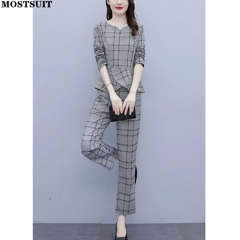 

Plaid Two Piece Pant Sets Women Full Sleeve Tops & Straight Pants Outfits L-5xl Fashion Ladies Pant Sets Tracksuits