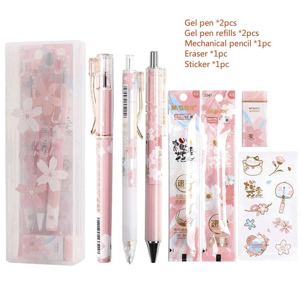 

8pcs/set Cute Sakura Gel Pens 0.5mm Mechanical Pencil with Box Kawaii Stickers Pink Gift for Girls School Stationery Supplies
