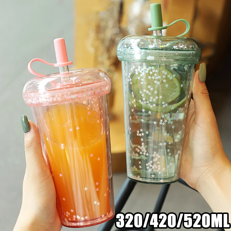 

420ml Ins Bubble Tea Cup Glitter Water Bottle Double Layer Portable Tumbler with Straw Plastic Coffee Cup with Lid Leakproof Cup