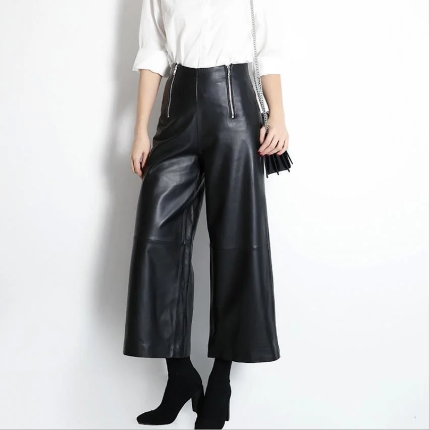 

real great quality England style sheep leather ankle length pants Spring female High waist was thin wide leg leather Pants F1001