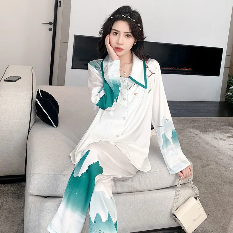 

2Pcs Sleepwear Cozy Nightwear Long Pajamas Set New Spring Autumn Print Floral Pyjamas Women Rayon Silkly Home Clothes Loungewear