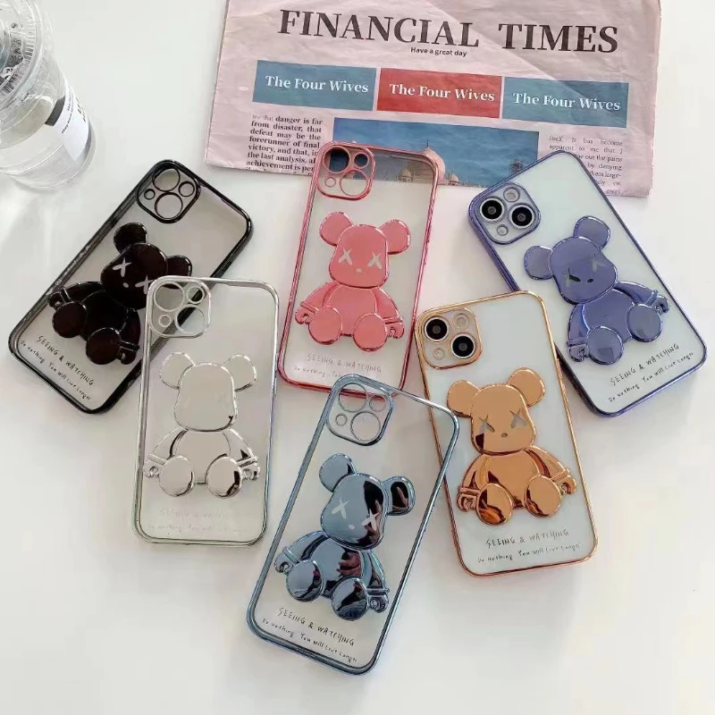 

3D Electroplating Violence Bear Phone Case For iPhone 13 12 11 Pro Max X XS XR 8 7 6 6S Plus 13 Mini Transparent Silicone Cover
