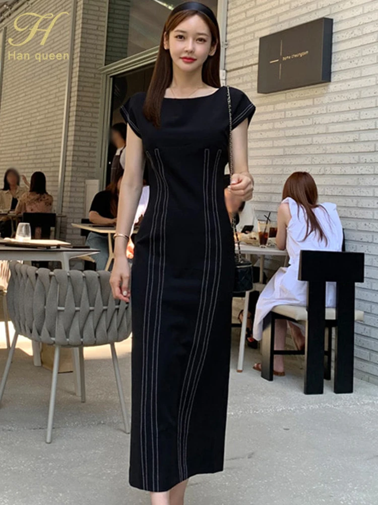 

Женское платье с коротким рукавом H Han Queen, элегантное тонкое простое облегающее платье-карандаш, длинное Повседневное платье для работы, на ...