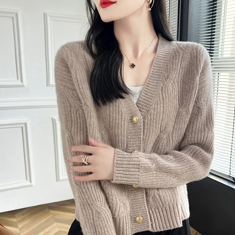 Autumn and Winter Cashmere Knitted Cardigan Women's Solid Color Jacquard Wool Sweater Retro Long Sleeve Coat Top Fash