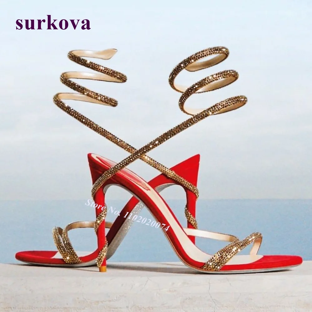 

Snake-Like Stiletto Heels Sandals 2022 New Designer Round Toe Cross Strappy Red High Heels for Sexy Women Luxury Slip On Solid