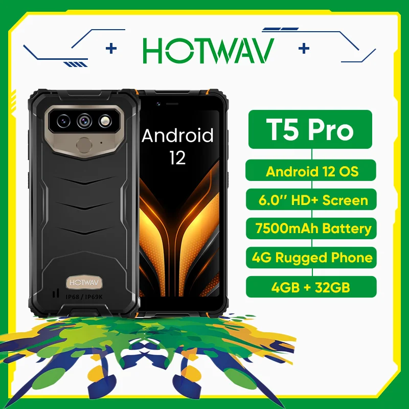 Hotwav T5 Pro Android 12 OS 4G Rugged Smartphone 7500mAh Massive Battery MTK6761 6.0 Inch Screen 4GB 32GB 13MP Main Camera 2022