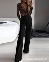 black elegant lace long sleeve women wide leg jumpsuits office lady high waist pocket jumpsuit 2022 spring summer new