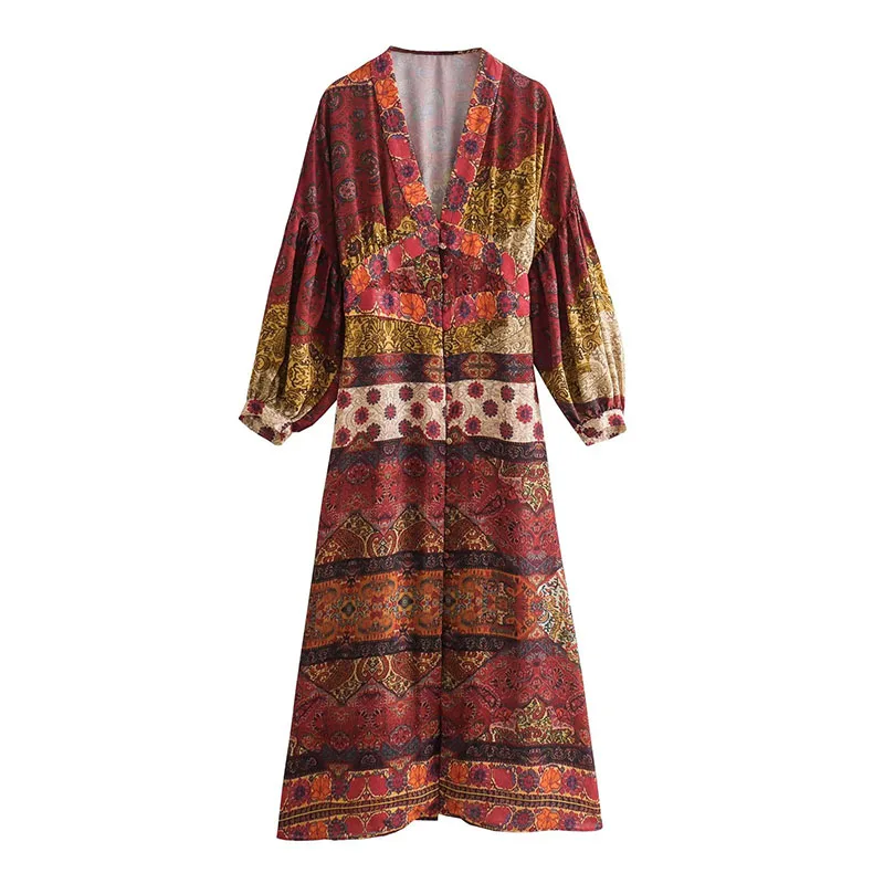 

Женское платье-миди с длинным рукавом и V-образным вырезом