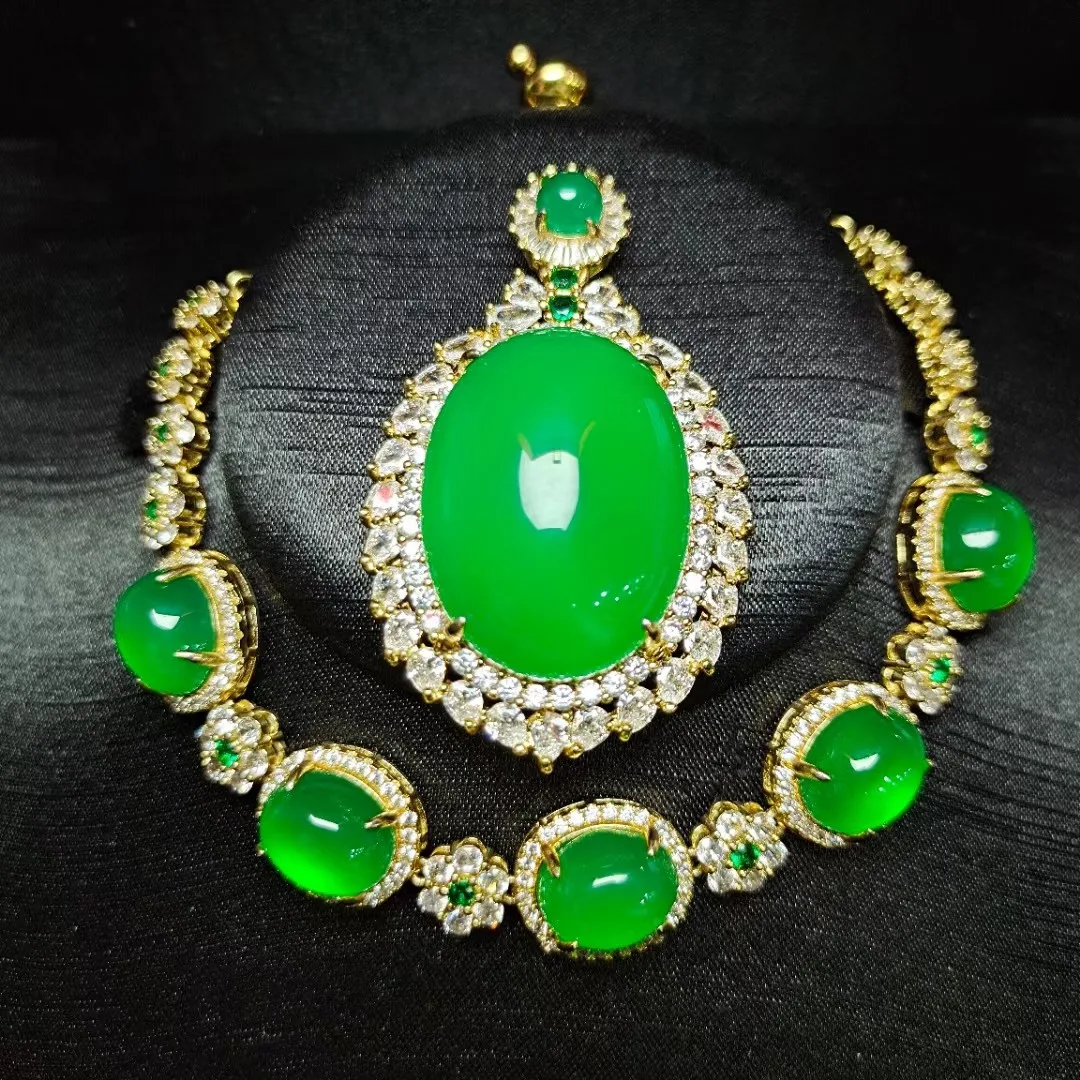Natural Green Jade Jewelry Sets For Women Real Myanmar Jadeite Oval Pendant Necklace With Zircon Emerald Flower Jades Bracelets