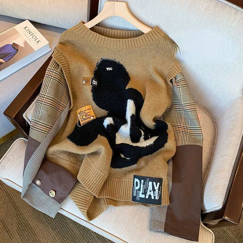 

Hikigawa Casual Contrast Color Kawaii Cartoon Print Women Sweaters Long Sleeve Loose Pullovers Patchwork Sweet Jumpers Women